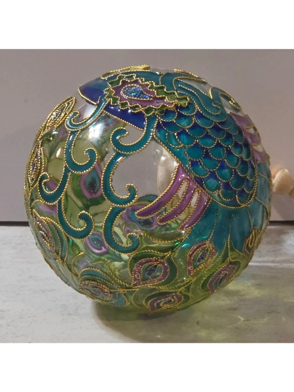 World Market Peacock Cloisonne Glass Christmas Ornament 3
